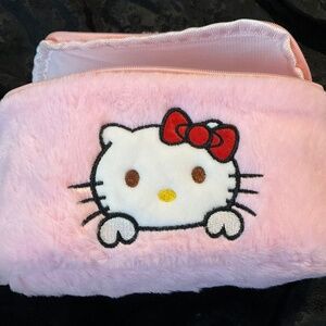 Sanrio Hello Kitty Pink Plush Makeup Bag Embroidered Cosmetic Case 7”